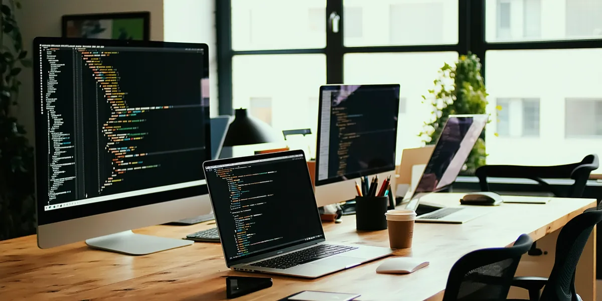 Small technical team working at laptops in a modern San Francisco office with monitors showing code and data