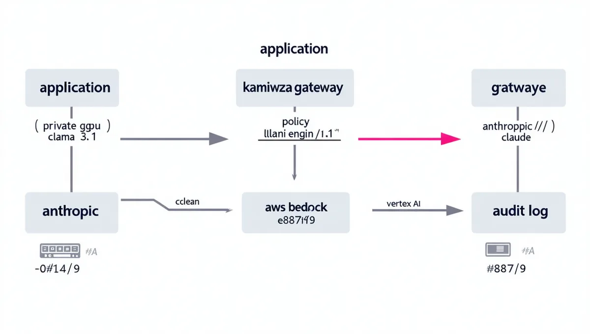 Kamiwaza platform architecture: request lifecycle from app through gateway to private GPU, Anthropic, Bedrock, and Vertex endpoints with policy engine and audit log
