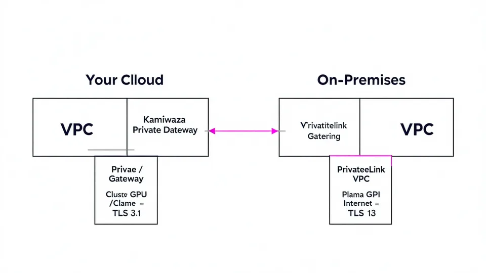 Network diagram showing Kamiwaza gateway connecting to private GPU cluster via PrivateLink with no public internet path